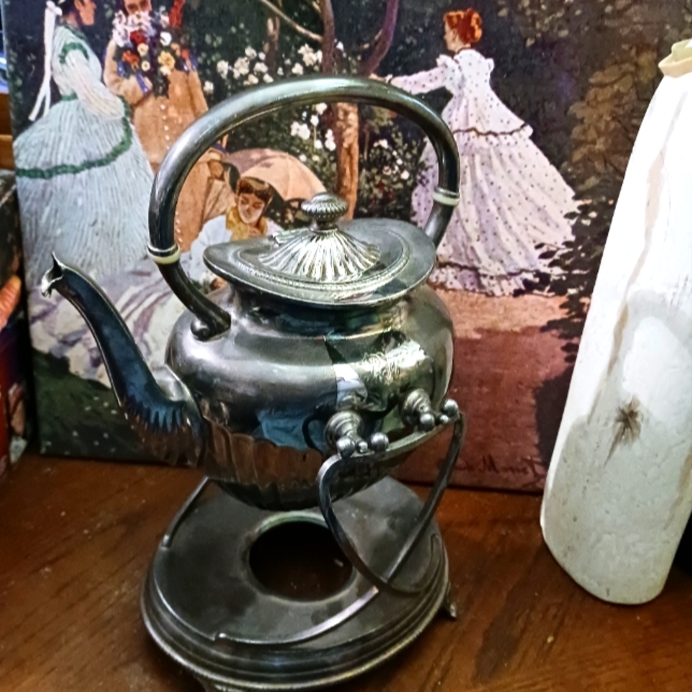 🎆Rare Vintage SilverTea kettle W/Handle On Tilting Stand,Sign Antique Original.
